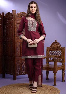 Maroon Embroidered Silk Kurta Set