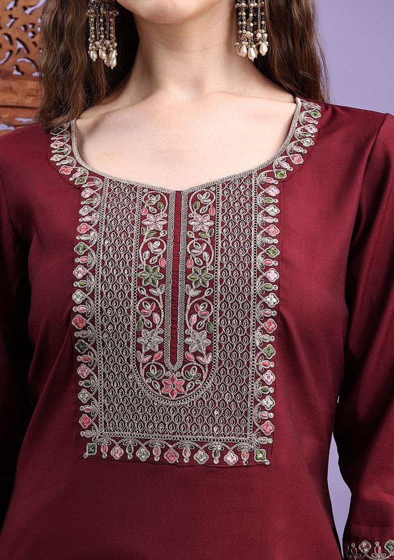 Maroon Embroidered Silk Kurta Set - Indya