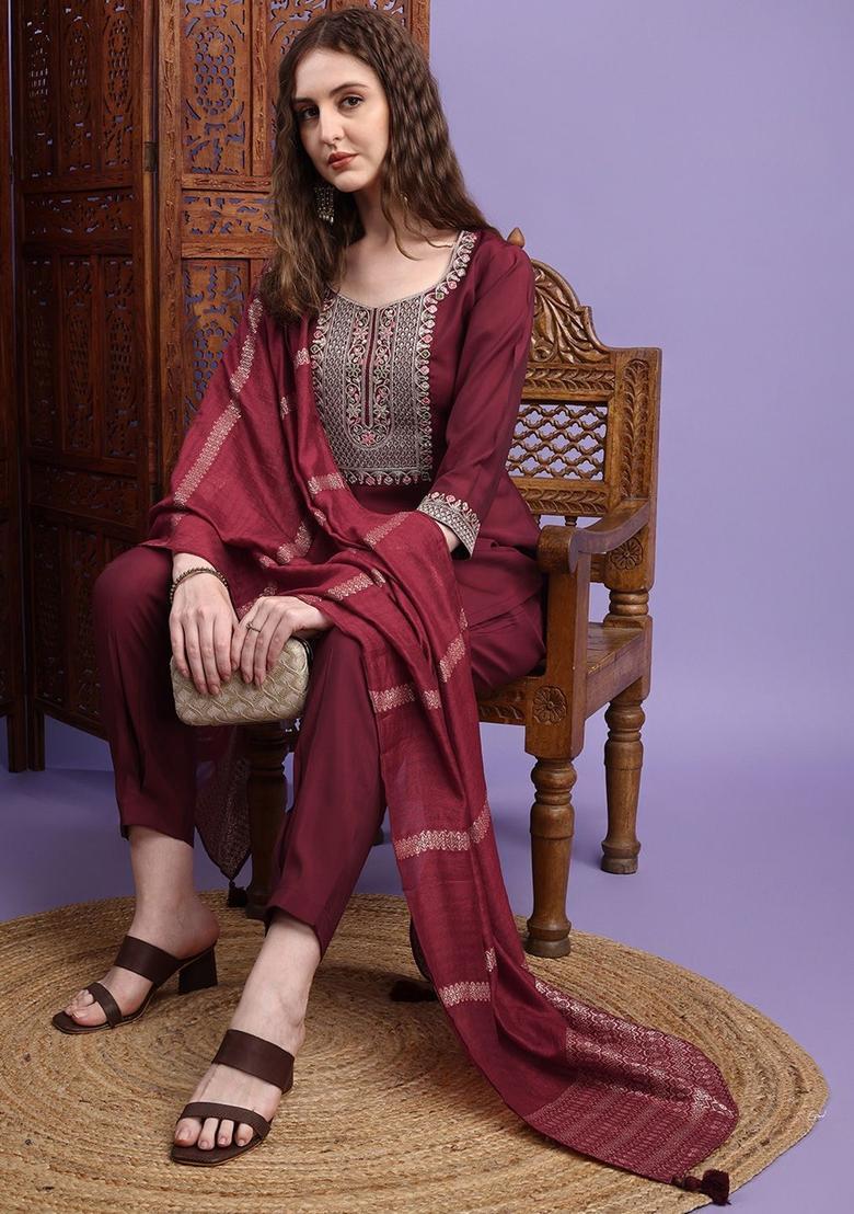 Maroon Embroidered Silk Kurta Set - Indya
