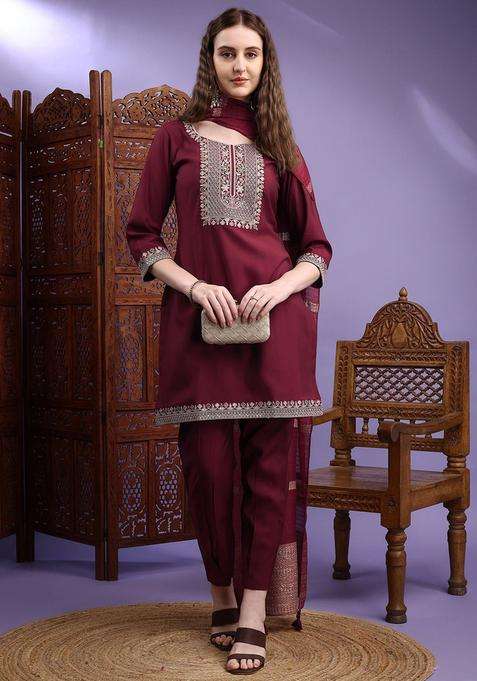 Maroon Embroidered Silk Blend Kurta Set