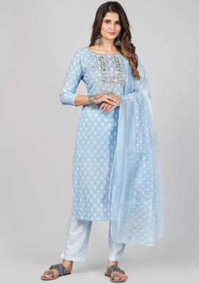 Turquoise Blue Printed Cotton Kurta Set