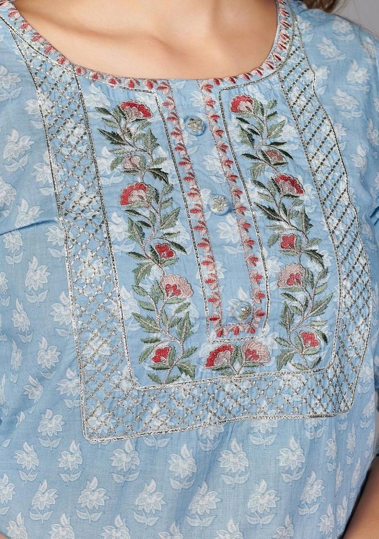 Turquoise Blue Printed Cotton Kurta Set - Indya