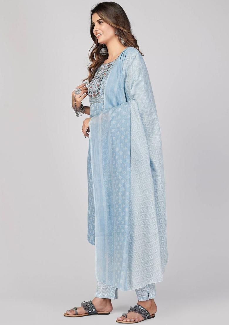 Turquoise Blue Printed Cotton Kurta Set - Indya