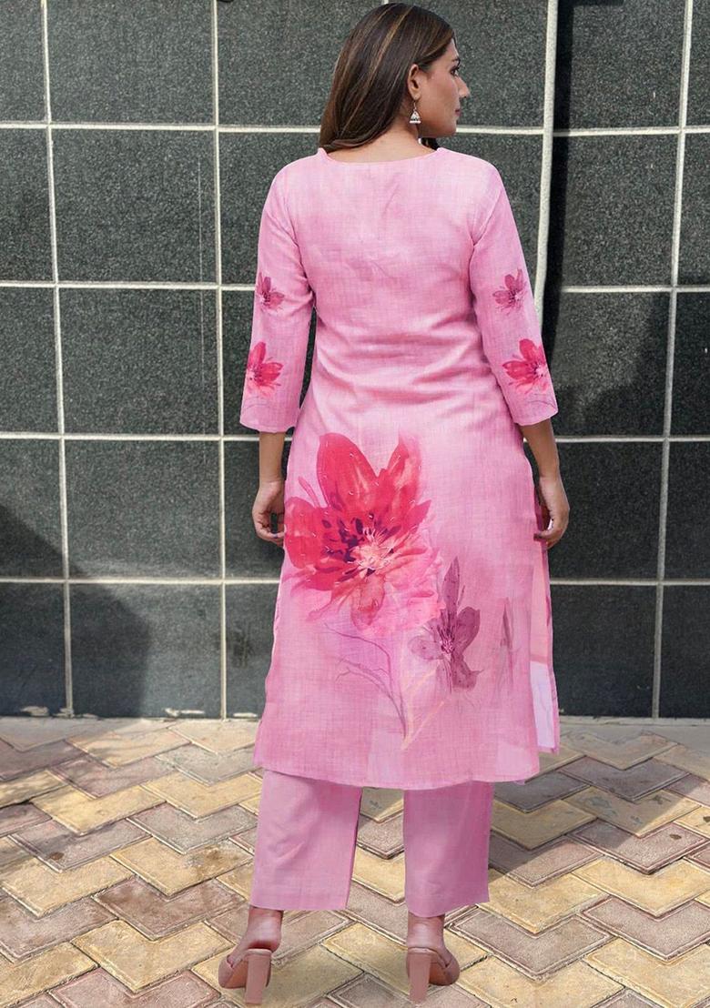 Pink Printed Viscose Kurta Set - Indya