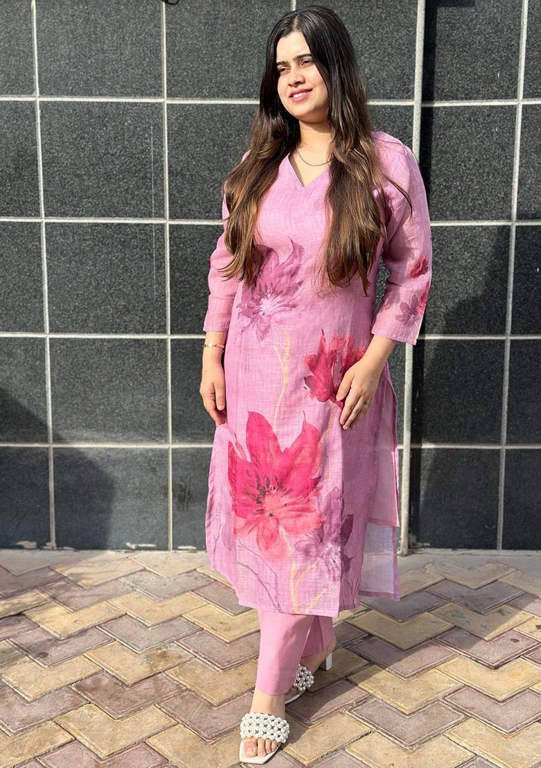 Pink Printed Viscose Kurta Set - Indya