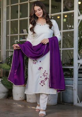 Off White Embroidered Viscose Kurta Set