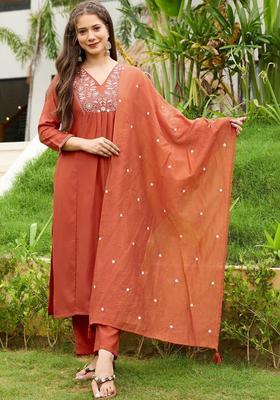 Rust Embroidered Viscose Kurta Set