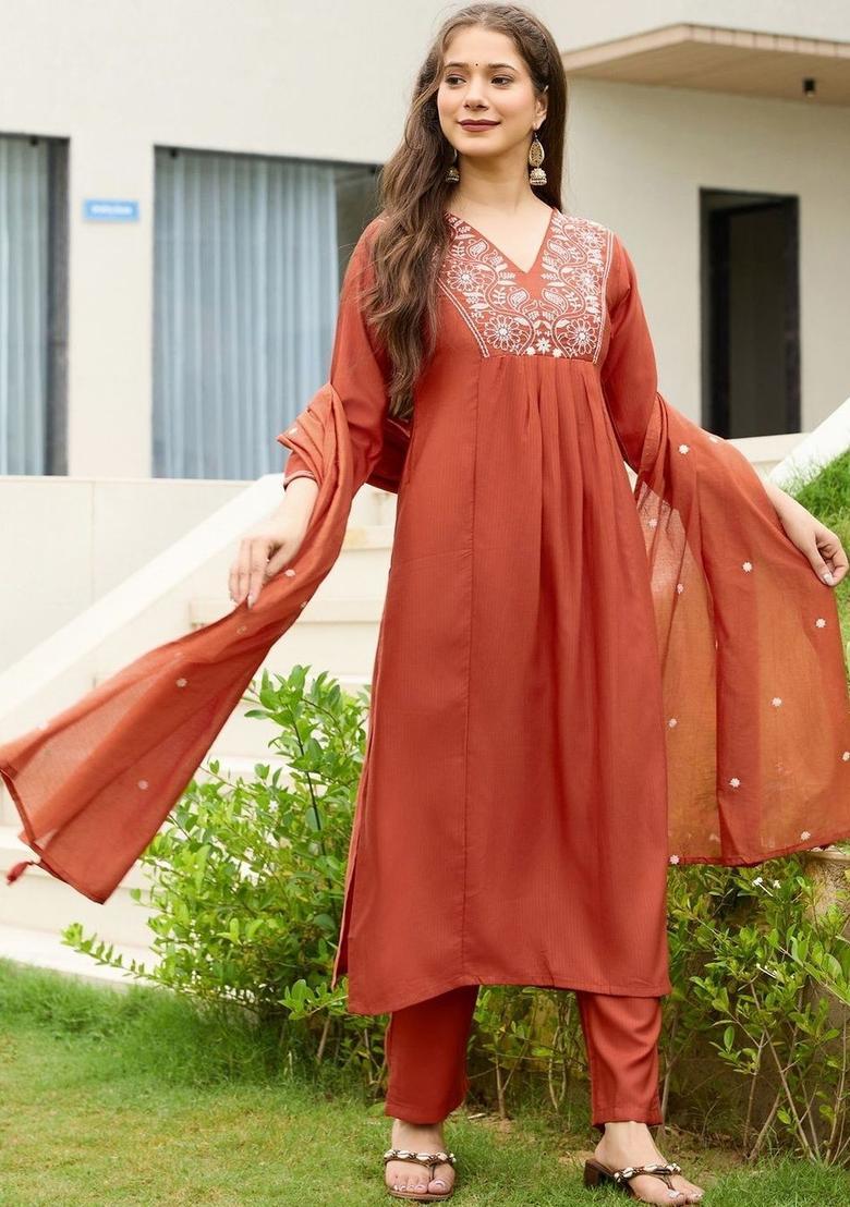 Rust Embroidered Viscose Kurta Set - Indya