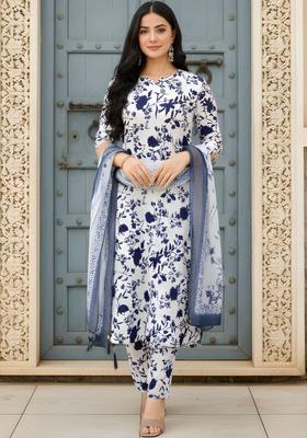 Navy Blue Printed Silk Kurta Set