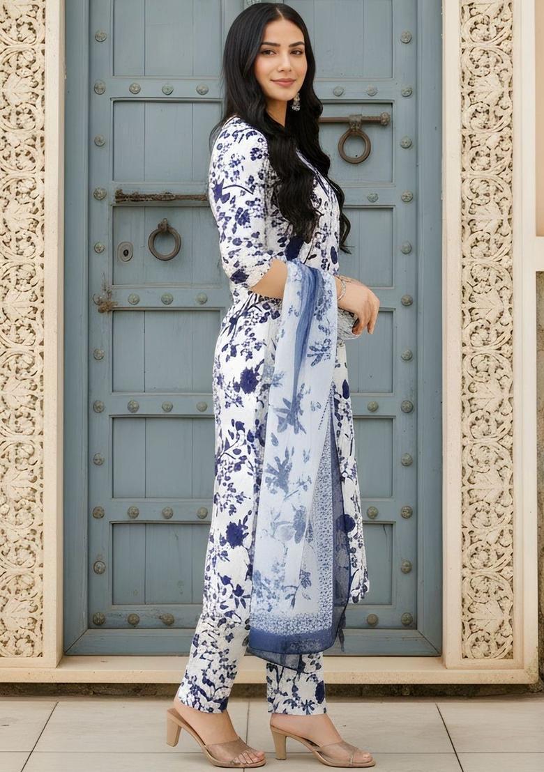 Navy Blue Printed Silk Kurta Set - Indya