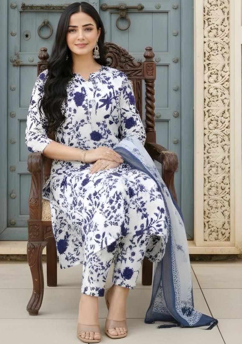 Navy Blue Printed Silk Kurta Set - Indya