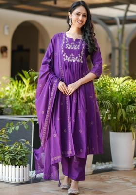 Purple Printed Viscose Kurta Set