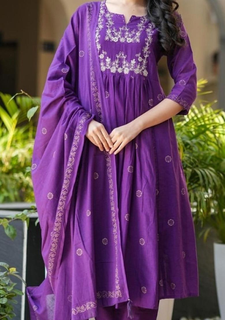 Purple Printed Viscose Kurta Set - Indya