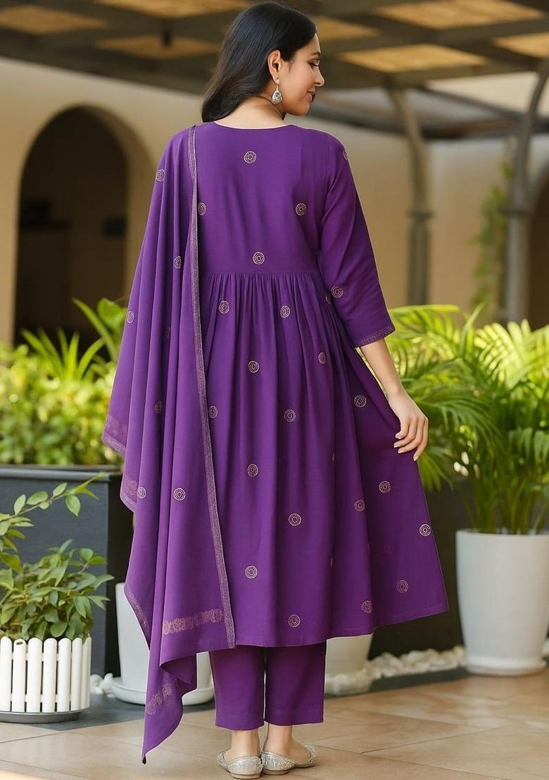 Purple Printed Viscose Kurta Set - Indya