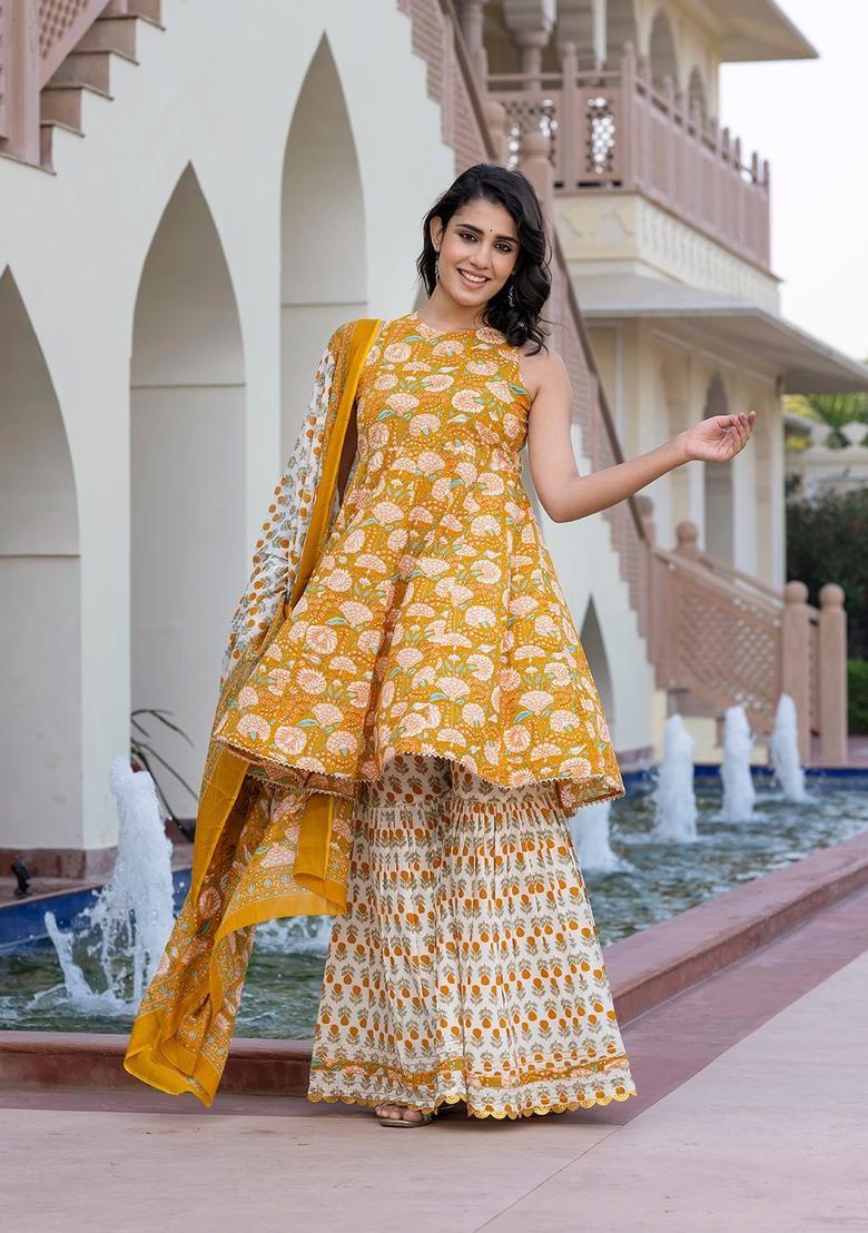 Mustard Printed Cotton Kurta Set - Indya