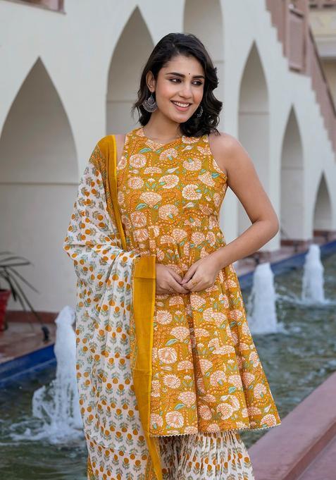 Mustard Printed Cotton Kurta Set