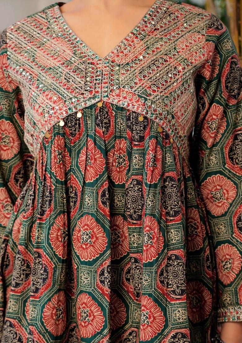 Green Printed Cotton Kurta Set - Indya