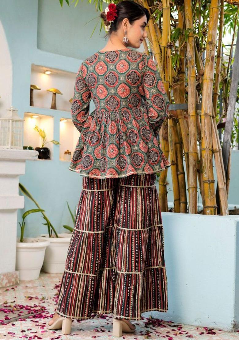 Green Printed Cotton Kurta Set - Indya