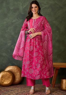 Pink Printed Viscose Kurta Set