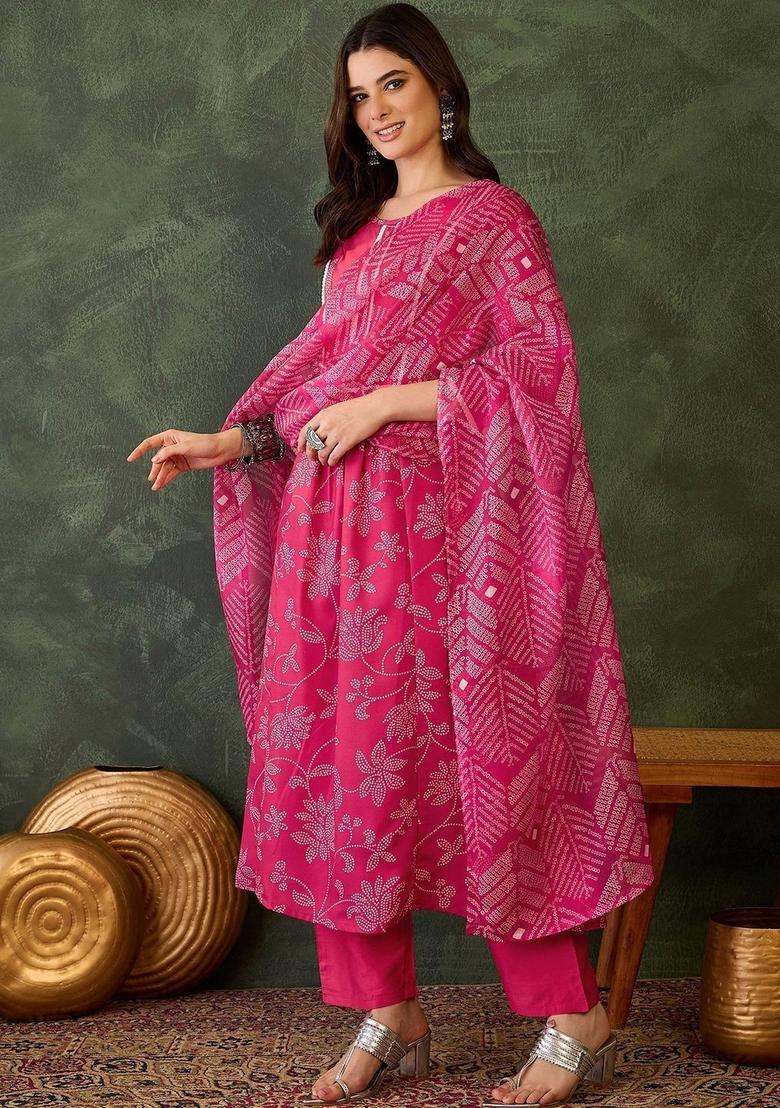 Pink Printed Viscose Kurta Set - Indya