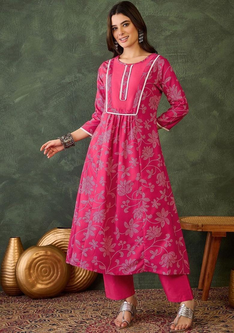 Pink Printed Viscose Kurta Set - Indya