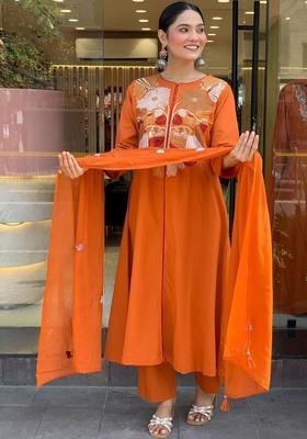 Orange Embroidered Silk Kurta Set
