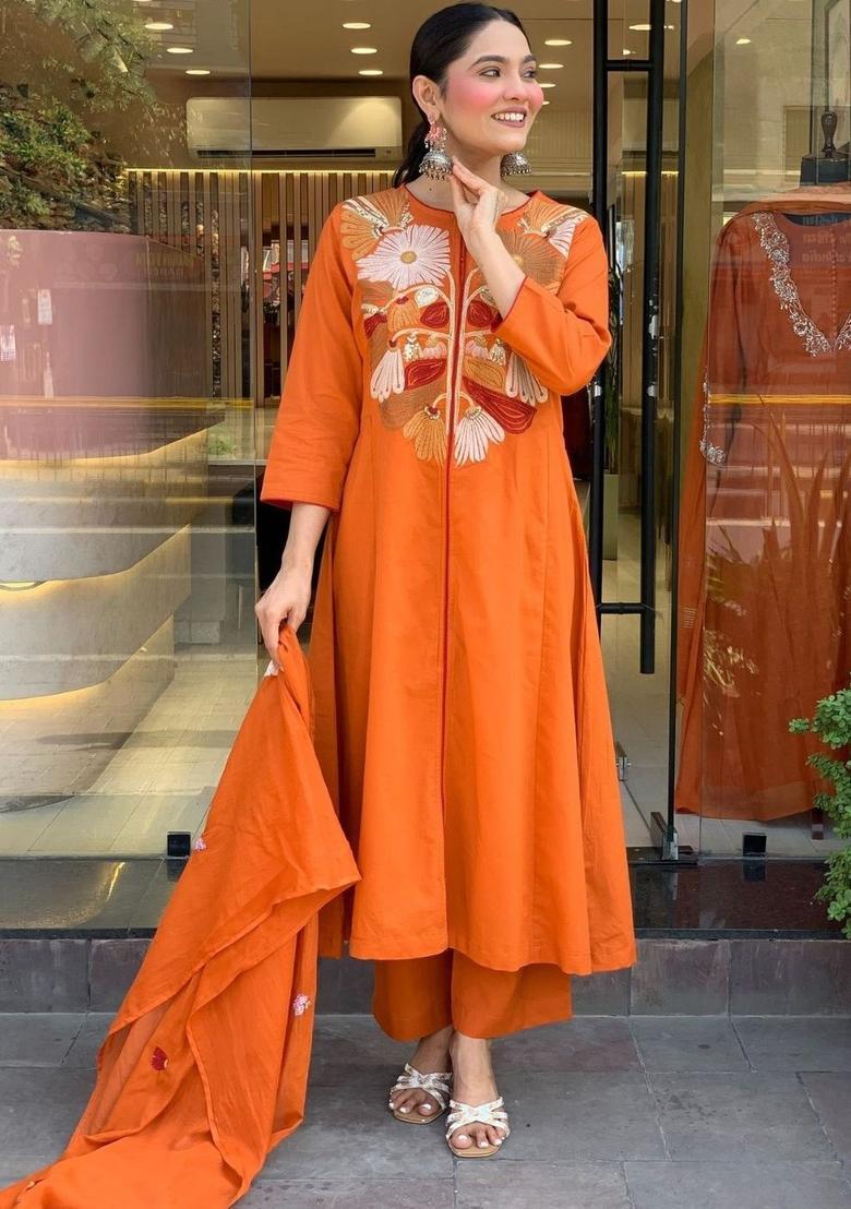 Orange Embroidered Silk Kurta Set - Indya