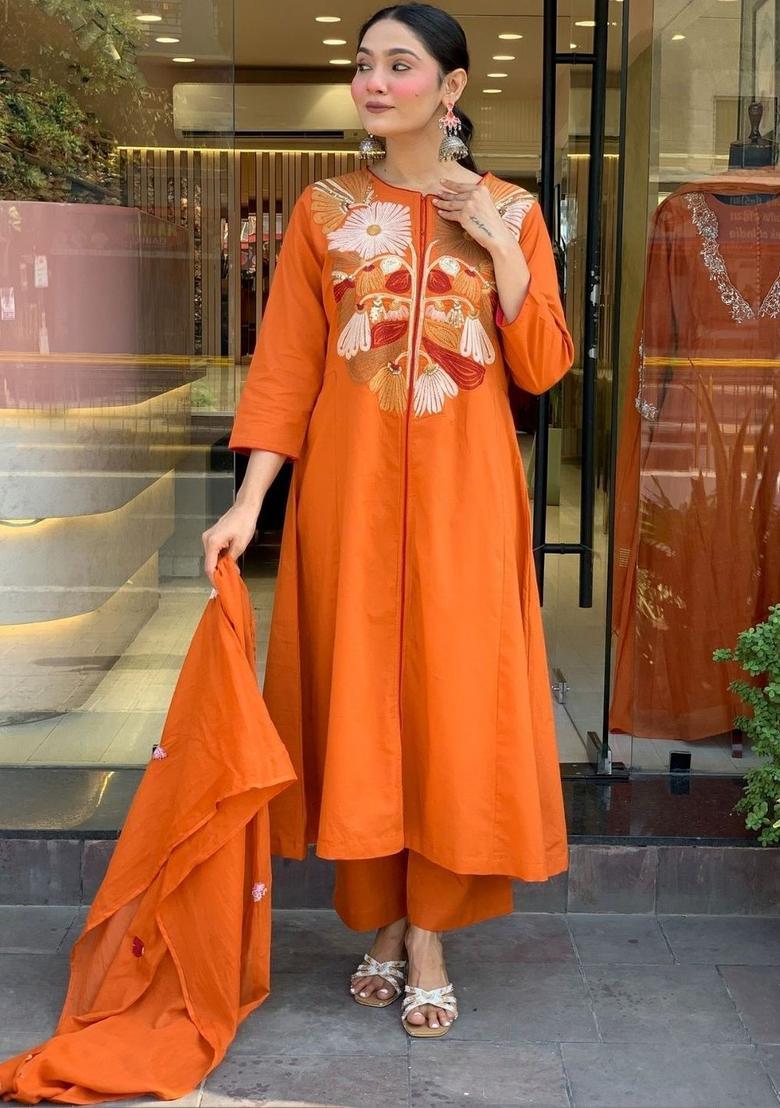 Orange Embroidered Silk Kurta Set - Indya