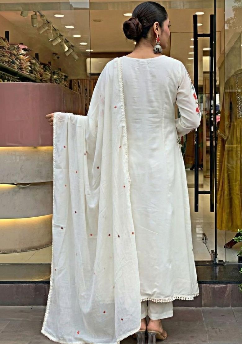 Off White Embroidered Silk Kurta Set - Indya