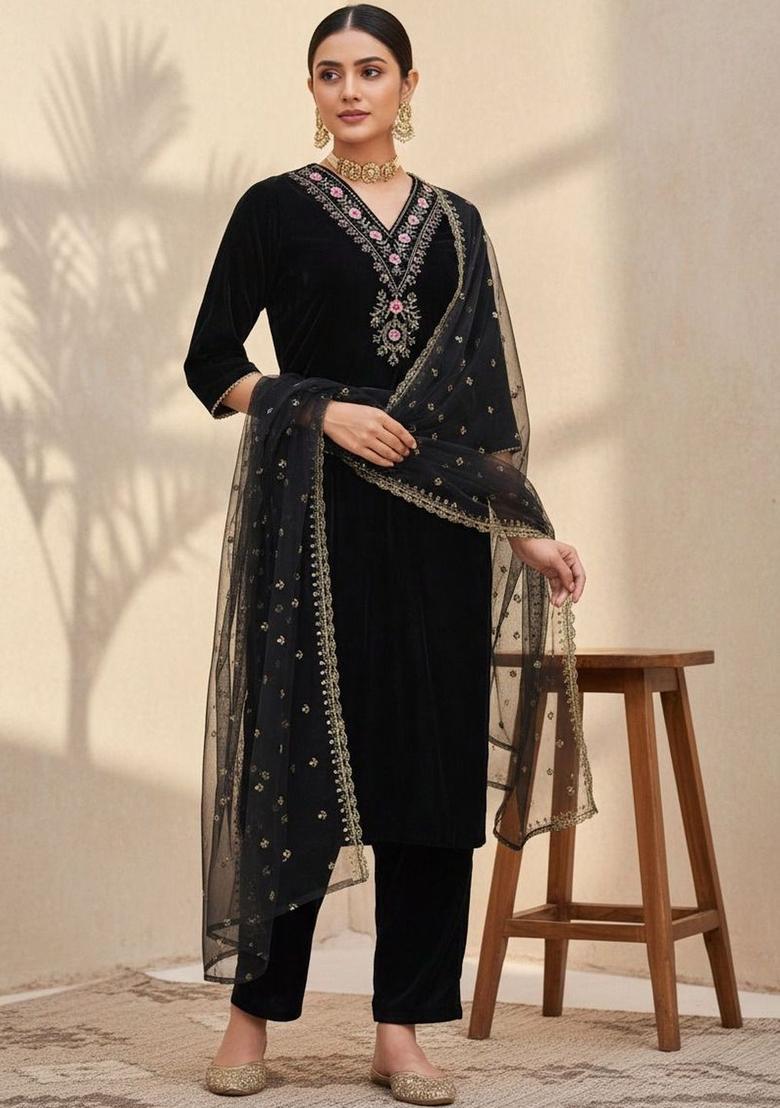 Black Embroidered Velvet Kurta Set - Indya