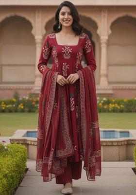 Maroon Printed Silk Kurta Set
