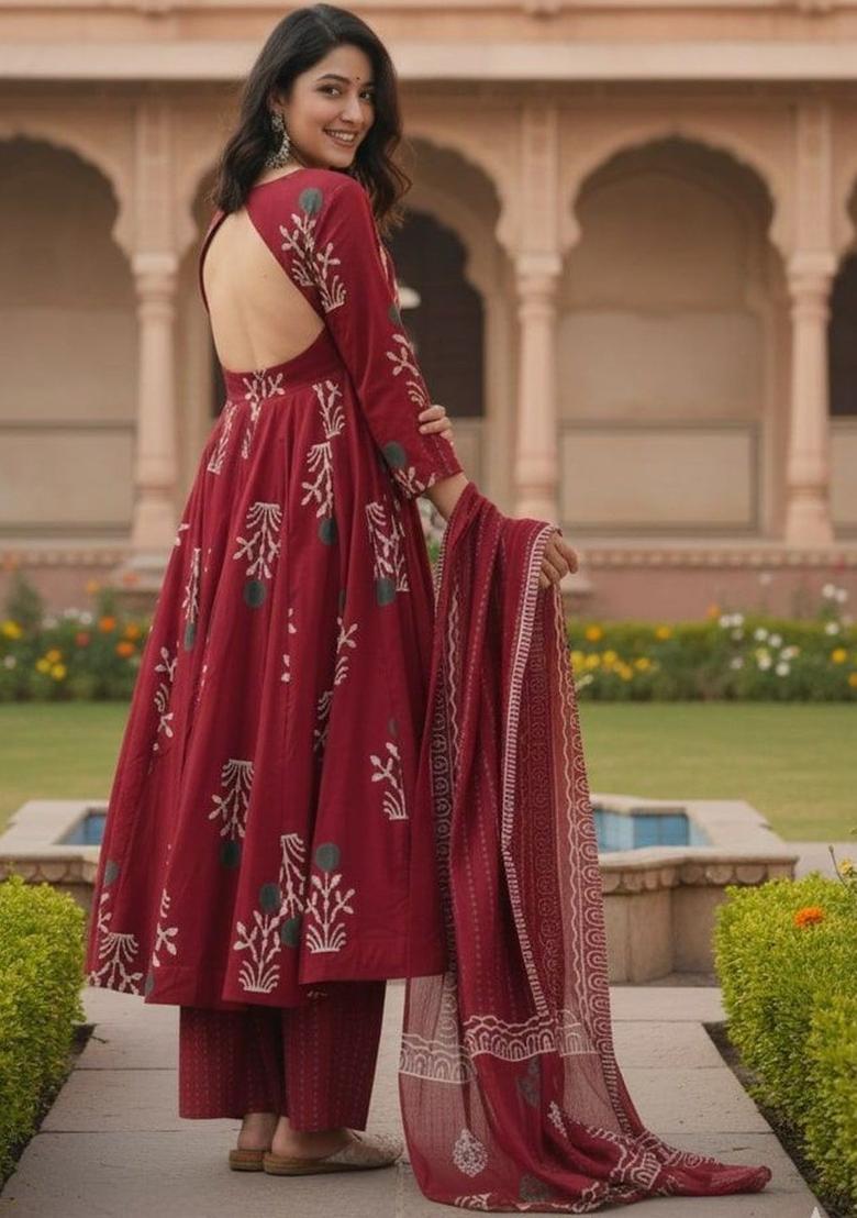 Maroon Printed Silk Kurta Set - Indya