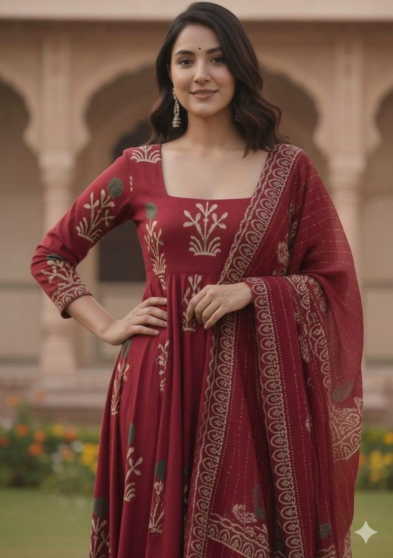 Maroon Printed Silk Kurta Set - Indya