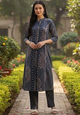 Navy Blue Printed Cotton Kurta Set