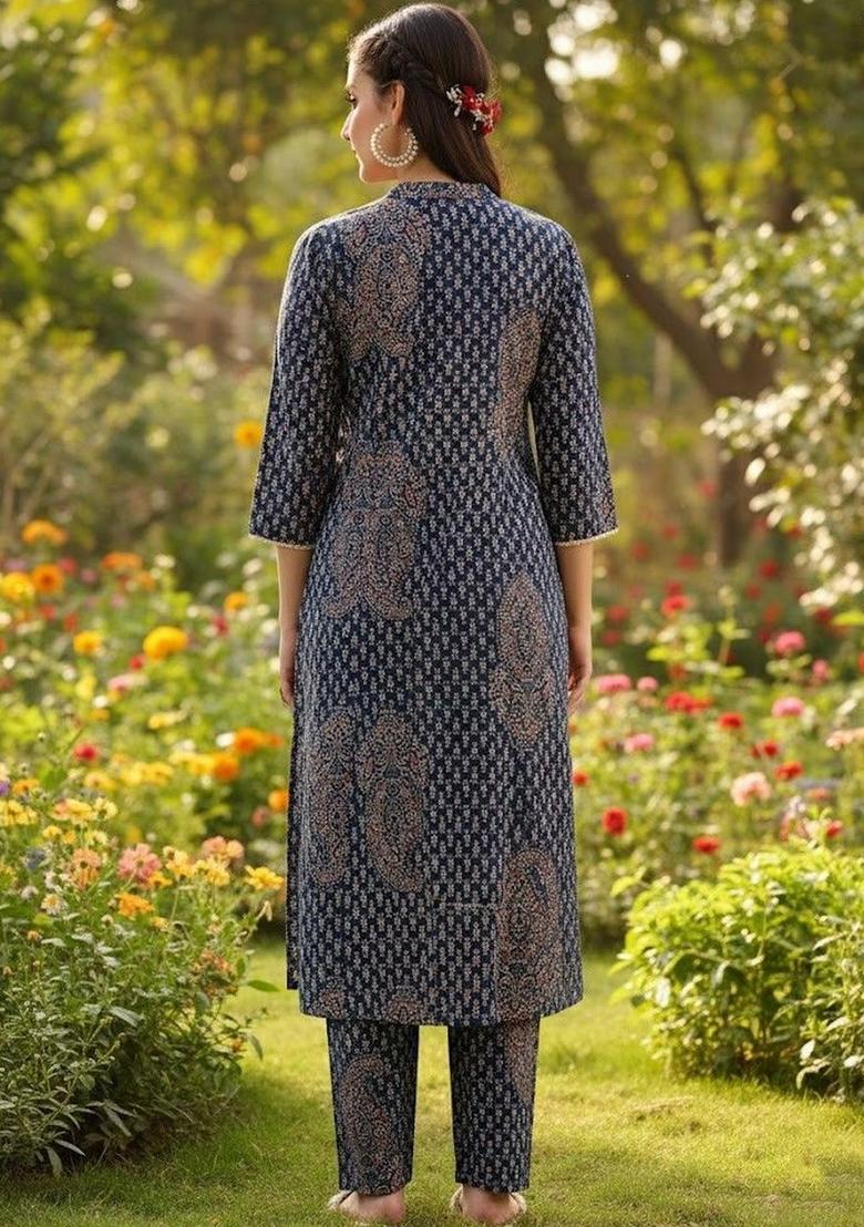 Navy Blue Printed Cotton Kurta Set - Indya