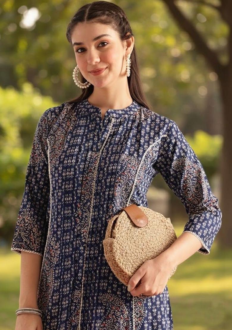 Navy Blue Printed Cotton Kurta Set - Indya