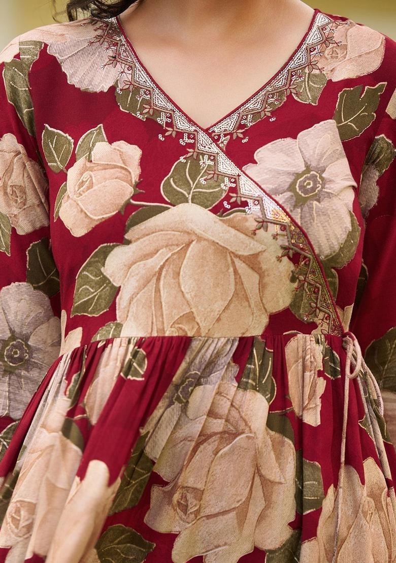 Maroon Printed Viscose Kurta Set - Indya