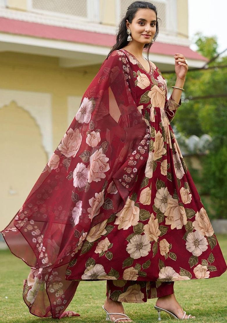 Maroon Printed Viscose Kurta Set - Indya