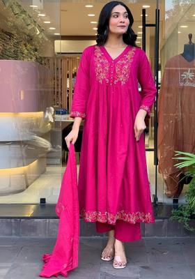 Magenta Embroidered Silk Kurta Set