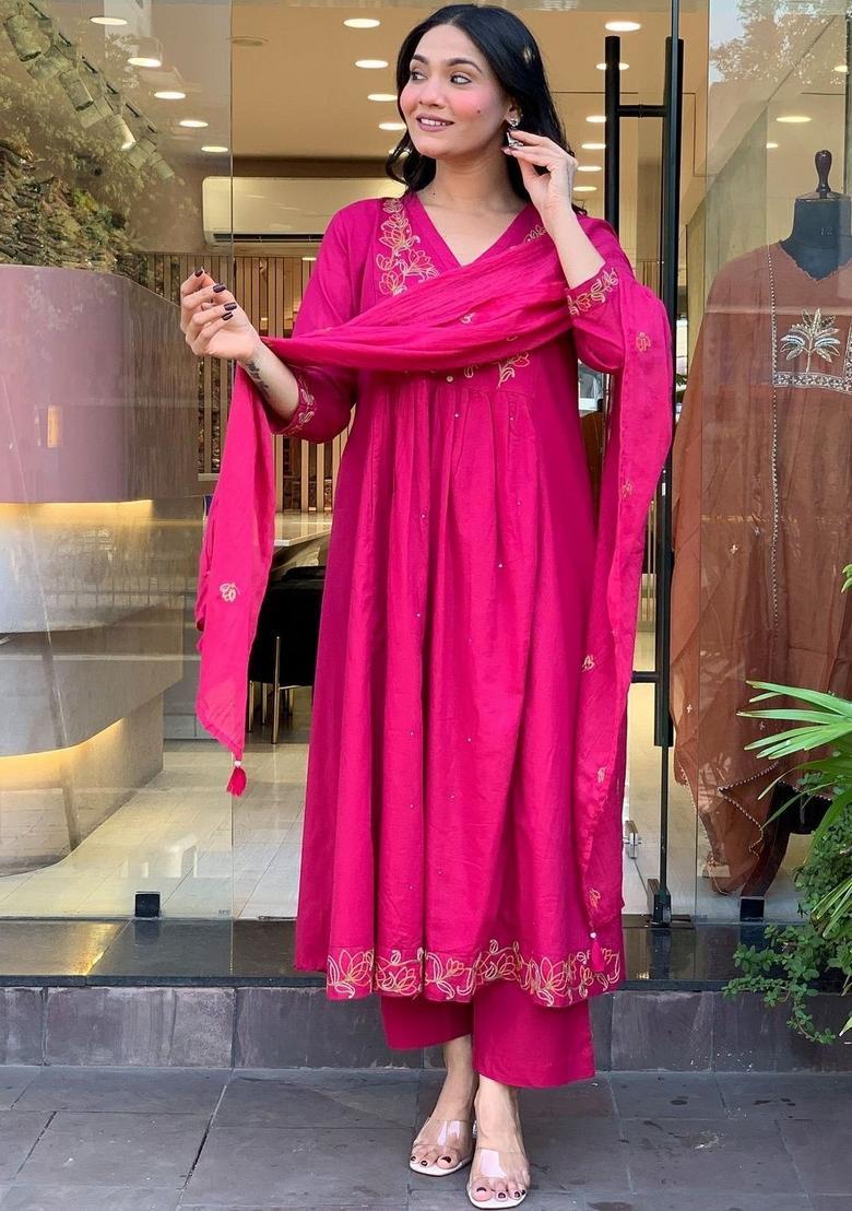 Magenta Embroidered Silk Kurta Set - Indya