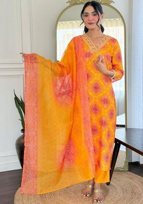 Yellow Printed Viscose Kurta Set