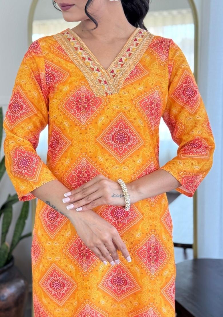 Yellow Printed Viscose Kurta Set - Indya