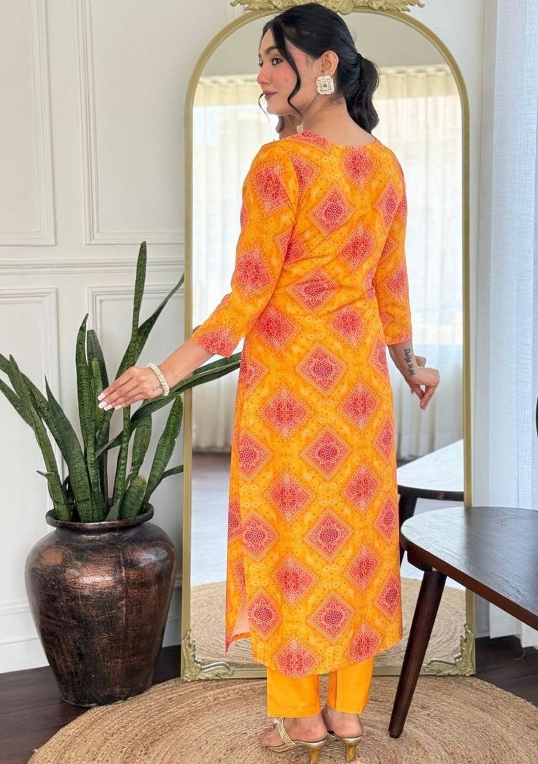 Yellow Printed Viscose Kurta Set - Indya