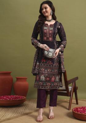 Purple Printed Polyester Kurta Set