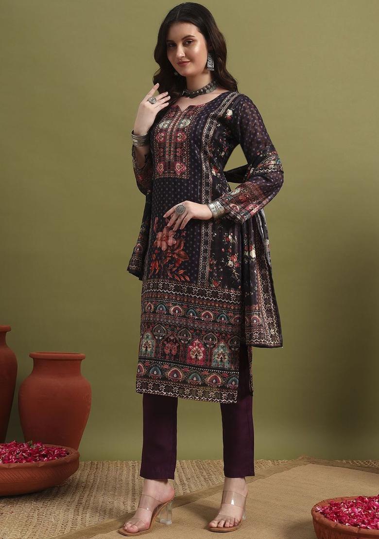 Purple Printed Polyester Kurta Set - Indya