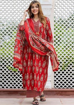 Red Printed Cotton Kurta Set