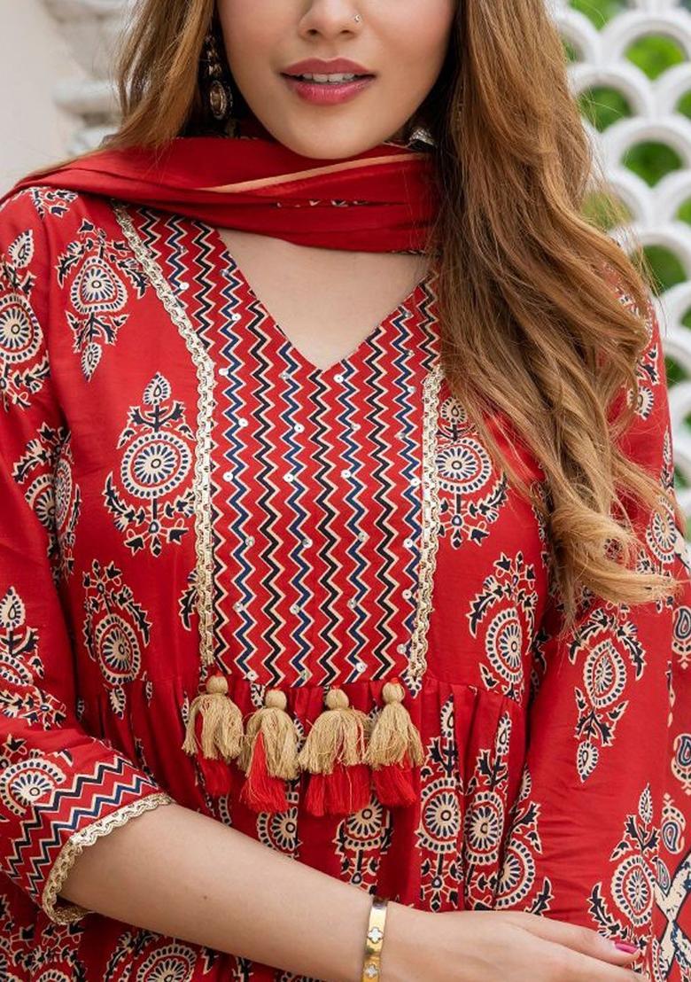 Red Printed Cotton Kurta Set - Indya
