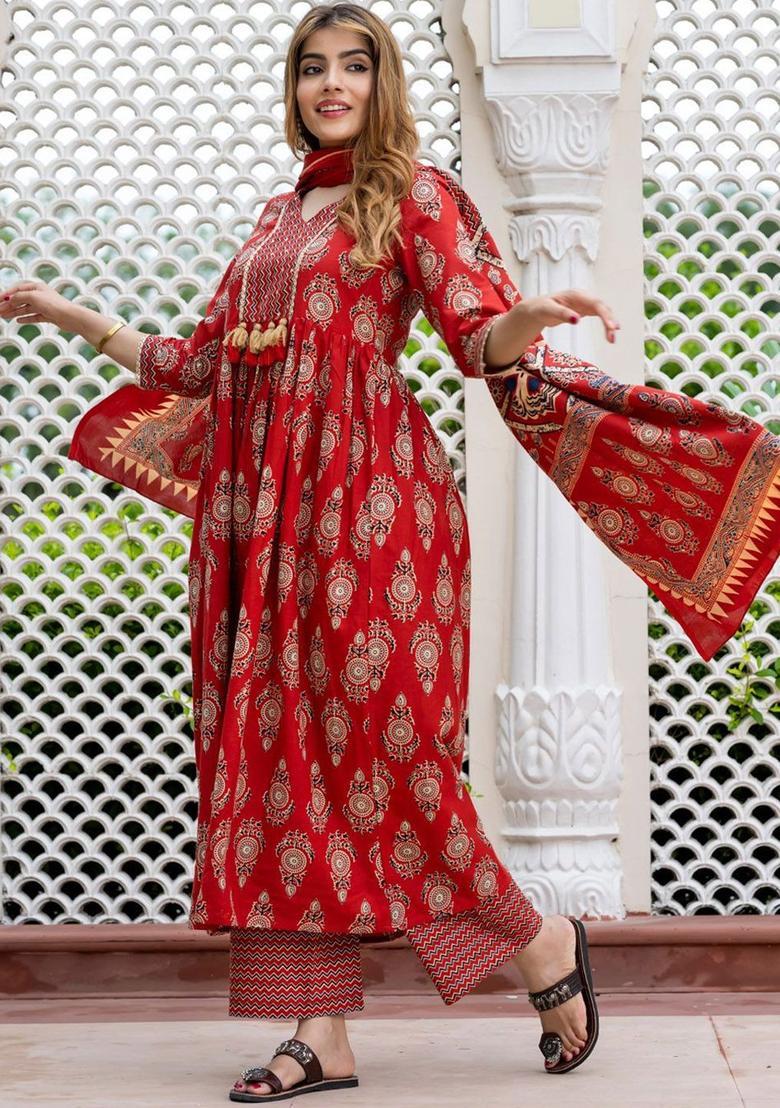 Red Printed Cotton Kurta Set - Indya