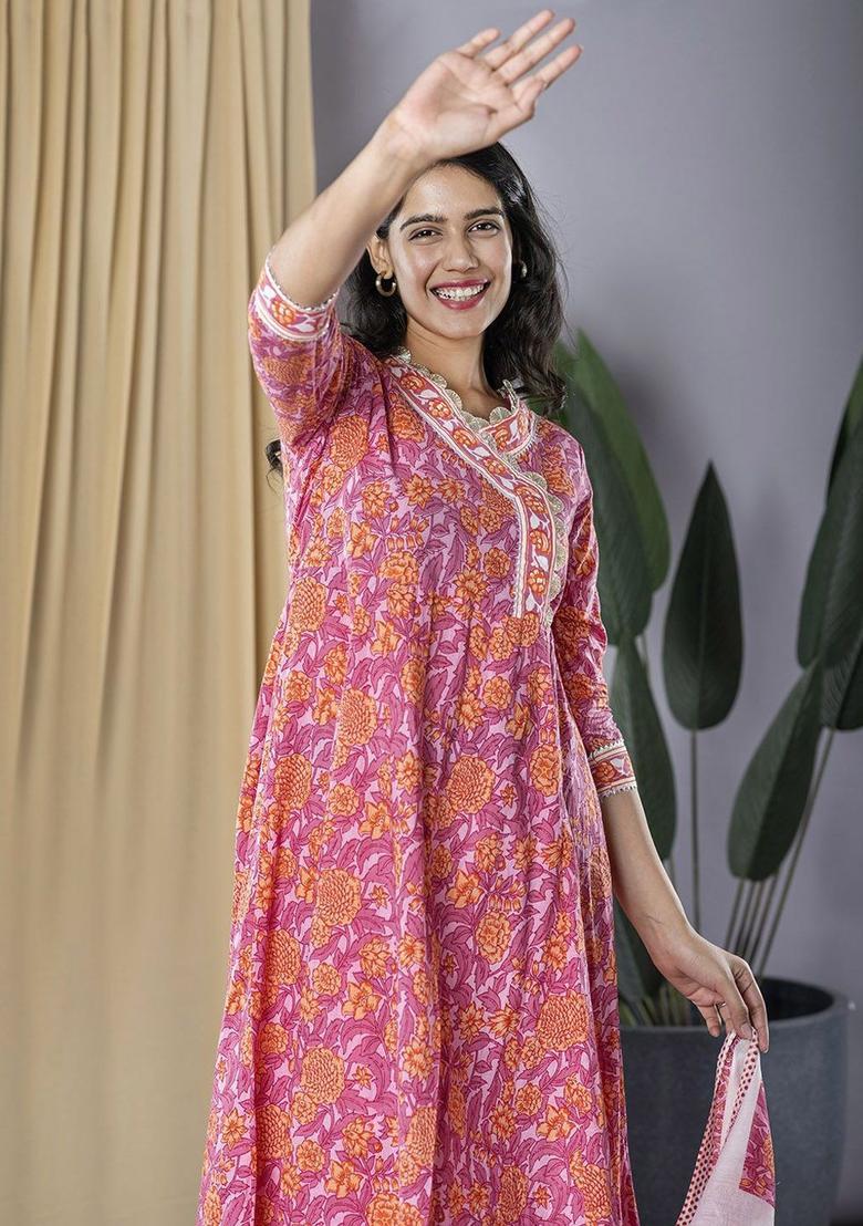 Pink Printed Cotton Anarkali Set - Indya