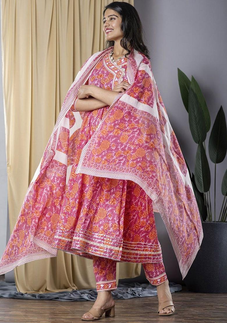 Pink Printed Cotton Anarkali Set - Indya